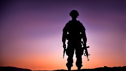 Fototapeta premium Silhouette of a soldier with rifles standing against a vibrant sunset.