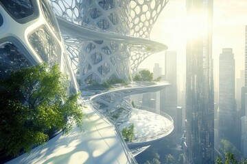 Obraz premium futuristic biomimetic skyscraper interior with floating glass platforms, spiral carbon fiber staircases, ambient light filtering through honeycomb windows, chrome and bamboo details