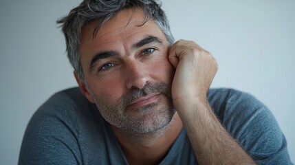 Obraz premium Thoughtful Man with Gray Hair in Soft Lighting