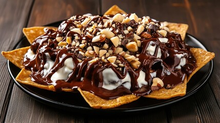A plate of nachos covered in melted white chocolate and crushed nuts.