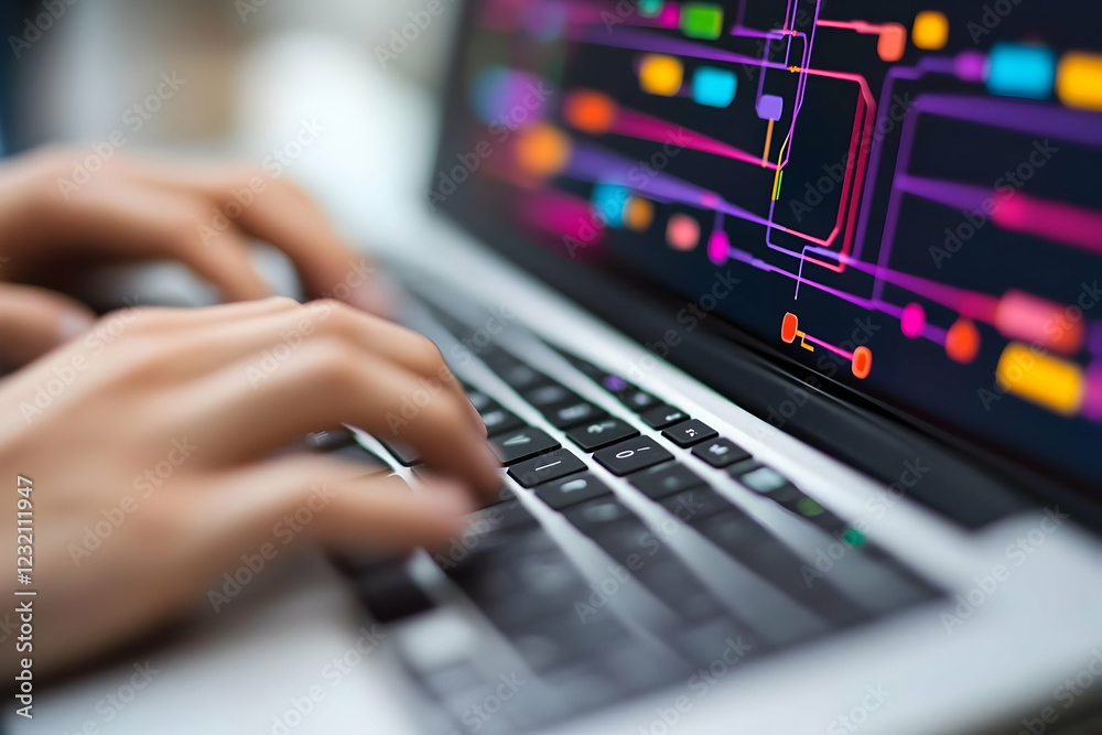Poster programmer coding on laptop, office background