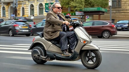 An elderly man happily rides a scooter along a busy road, enjoying the fresh air and colorful surroundings. This active scene demonstrates mobility and freedom in later life.