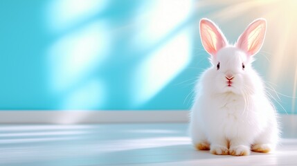 Obraz premium A fluffy white rabbit sits on a light wooden floor against a soft blue background, illuminated by gentle sunlight.