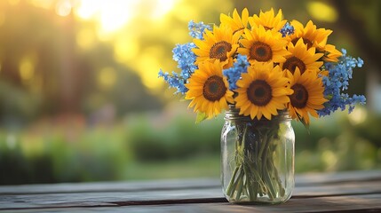 Sunflower bouquet with blue delphiniums fills glass mason jar on rustic wooden table, capturing farmhouse charm with natural sunlight filtering through garden trees in summer setting.