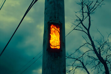 Fototapeta premium Burning utility box on pole, stormy sky