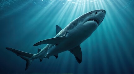 Fototapeta premium Impressive shark in the deep sea, gliding effortlessly through sunlit waters, strong tail and dorsal fin cutting through the light-filled ocean