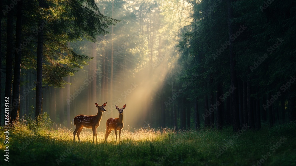 Poster Two young deer are standing in a clearing in a misty forest, illuminated by beams of sunlight filtering through the trees, creating a peaceful and magical atmosphere