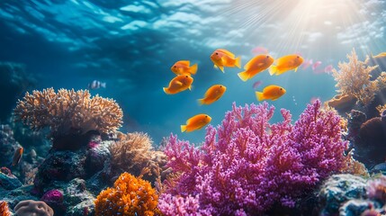 Fototapeta premium Vibrant coral reef bustles with orange tropical fish swimming through pink and purple coral formations as sunlight rays pierce crystal-clear turquoise waters in exotic marine ecosystem.