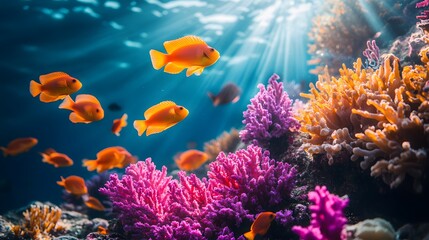 Obraz premium Vibrant coral reef bustles with orange tropical fish swimming through pink and purple coral formations as sunlight rays pierce crystal-clear turquoise waters in exotic marine ecosystem.