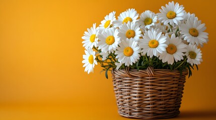White daisies arranged in wicker basket stand against dopamine-inspired yellow-to-orange gradient backdrop, creating minimal composition with natural rattan elements and spring freshness.