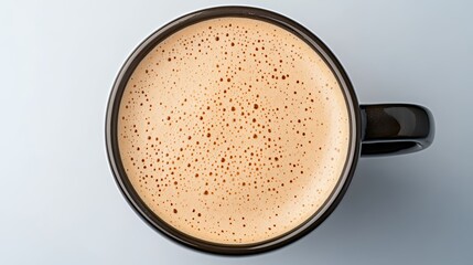Warm Frothy Beverage in Dark Mug Close Up Overhead View