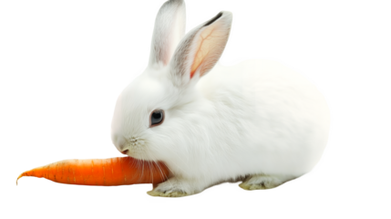 A fluffy white rabbit nibbling on a carrot with its ears perked isolated on a transparent background