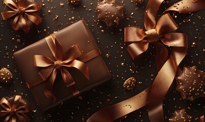 Chocolate Gift Box, Bronze Ribbons, Confetti, Festive Background, Holiday