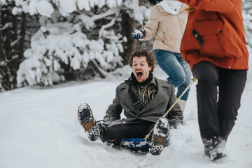 A group of three friends is sledding in a snowy forest, embracing winter fun and laughter. The joyful expressions and snowy backdrop capture a carefree and adventurous moment during the cold season.