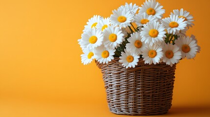 White daisies arranged in wicker basket stand against dopamine-inspired yellow-to-orange gradient backdrop, creating minimal composition with natural rattan elements and spring freshness.