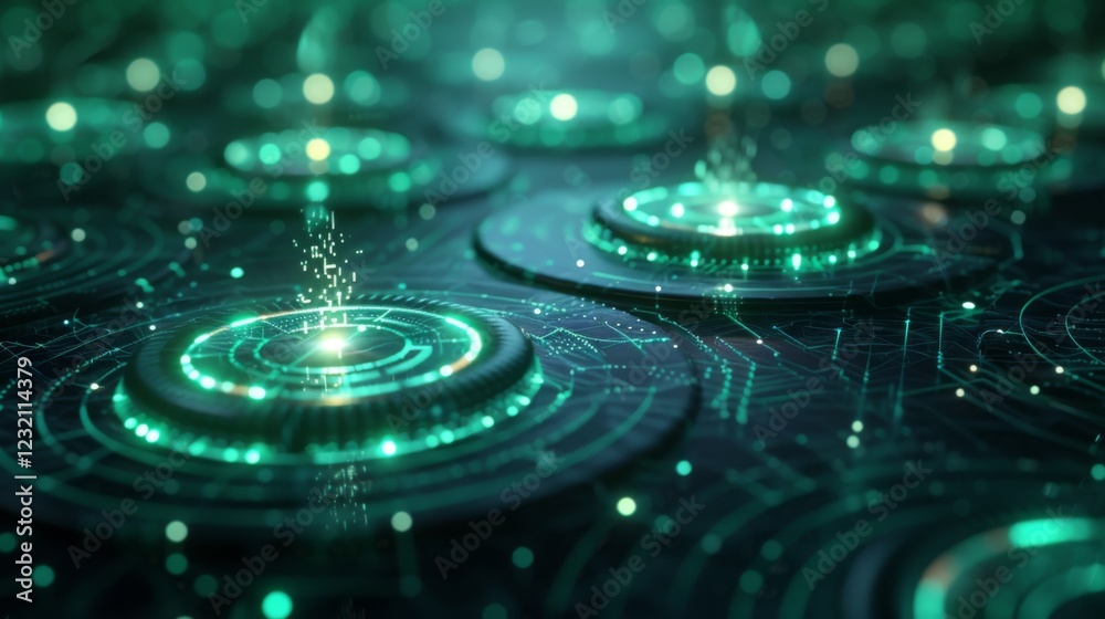 Leinwandbilder Glowing green circles on a dark digital backdrop create a futuristic network vibe, with bright particles suggesting connectivity and technology.
