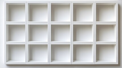 White wooden compartment shelf presents minimalist grid storage design with clean geometric patterns and symmetrical empty squares in modern furniture composition.