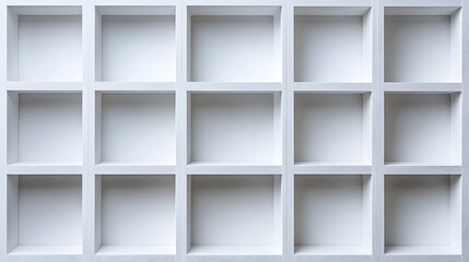 White wooden compartment shelf presents minimalist grid storage design with clean geometric patterns and symmetrical empty squares in modern furniture composition.