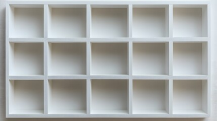 White wooden compartment shelf presents minimalist grid storage design with clean geometric patterns and symmetrical empty squares in modern furniture composition.