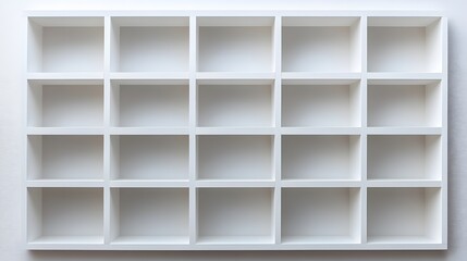 White wooden compartment shelf presents minimalist grid storage design with clean geometric patterns and symmetrical empty squares in modern furniture composition.