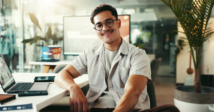 Portrait, creative and happy business man in startup for opportunity, ambition or job growth. Face, glasses and professional entrepreneur, worker and content marketer at social media agency in Mexico