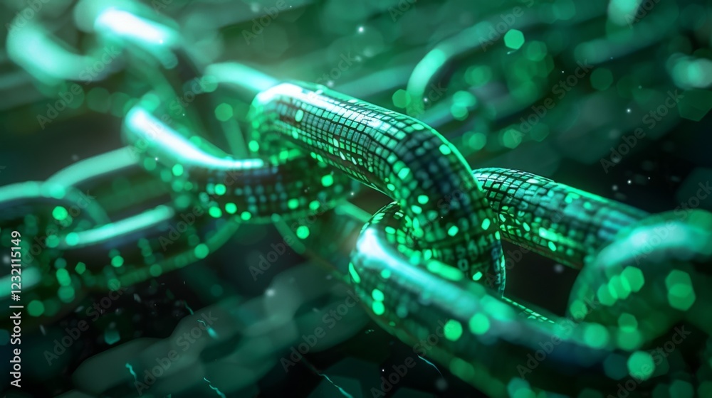 Aufkleber Glowing green chain links interconnected within a digital space, showcasing a modern representation of technology and data flow.