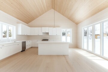 Spacious modern kitchen interior featuring white cabinetry, minimalist design, natural light, and wooden accents, perfect for bright and airy living spaces