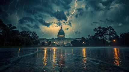 Capitol Hill in a thunderstorm, dramatic lightning illuminating the dome