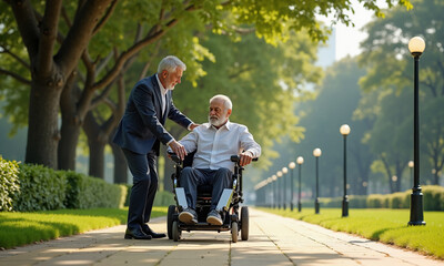 A caregiver is actively assisting an elderly man in a serene park setting under the sun