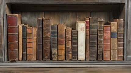 An array of antique books with loose pages against library bookshelves. Historical backdrop of aged tomes. Nostalgic aesthetic for historical and educational themes. 