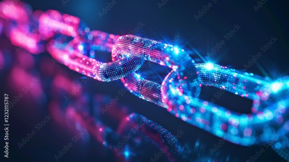 Aufkleber A series of shimmering chain links illuminated in vibrant pink and blue hues illustrates the concept of digital connectivity, showcasing elements of technology and innovation in a dark environment.