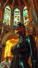 Naklejka premium Fashion model wearing latex and sunglasses posing in church