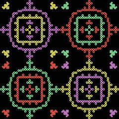 India stitch Kasuti embroidery abstract artwork seamless geometric pattern printed background fabric wallpaper hand drawn line colorful black ethnic

