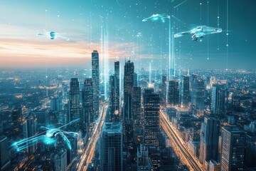 Fototapeta premium futuristic megacity illuminated by holographic advertisements, flying vehicles weaving between crystalline skyscrapers under aurora-filled sky