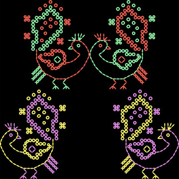 India stitch Kasuti embroidery abstract artwork seamless geometric pattern printed background fabric wallpaper hand drawn line colorful black ethnic

