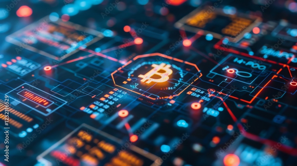 Aufkleber Colorful digital visuals depict Bitcoin surrounded by a network of data points and lines, illustrating the complexity of cryptocurrency technology and market dynamics.