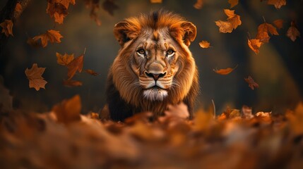 Fototapeta premium Majestic lion autumn leaves forest wildlife nature