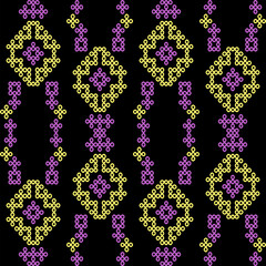 India stitch Kasuti embroidery abstract artwork seamless geometric pattern printed background fabric wallpaper hand drawn line colorful black ethnic

