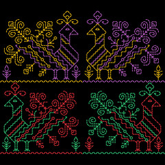 india stitch Kasuti embroidery ethnic abstract artwork seamless geometric pattern printed background fabric wallpaper hand drawn line
