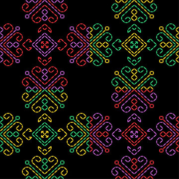 india stitch Kasuti embroidery ethnic abstract artwork seamless geometric pattern printed background fabric wallpaper hand drawn line
