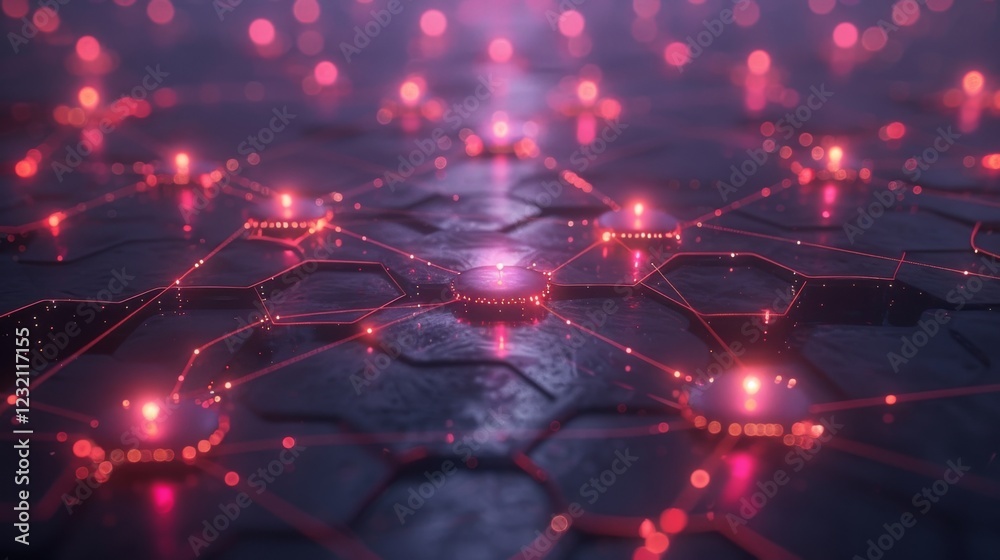 Fototapete Brightly lit hexagons create an intricate network in a dark space, showcasing advanced technology while surrounded by a vibrant glow and a sense of connectivity.