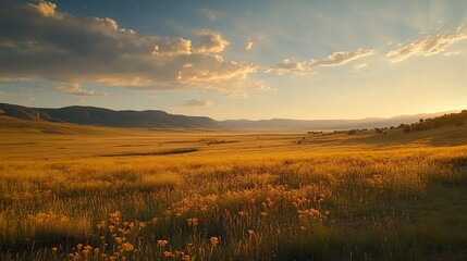 Golden sunset over vast plains, wildflowers blooming, mountains in distance, peaceful landscape