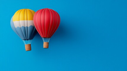 Obraz premium Soaring Dreams: Two vibrant hot air balloons float against a bold blue backdrop. Evoking a sense of adventure, freedom and boundless possibility.