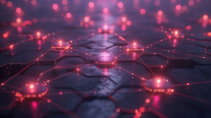Brightly lit hexagons create an intricate network in a dark space, showcasing advanced technology while surrounded by a vibrant glow and a sense of connectivity.