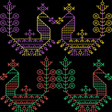 india stitch Kasuti embroidery ethnic abstract artwork seamless geometric pattern printed background fabric wallpaper hand drawn line
