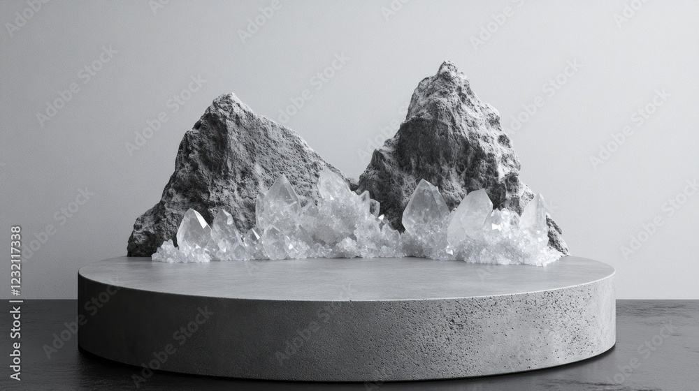 Poster a striking minimalist podium features rugged concrete paired with shimmering crystal formations, ble