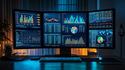 Analyzing business data trends modern office workspace digital dashboards evening light aerial view data analytics insights for professionals