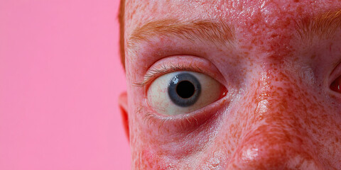 Naklejka premium Close-up of Freckled Face and Blue Eye