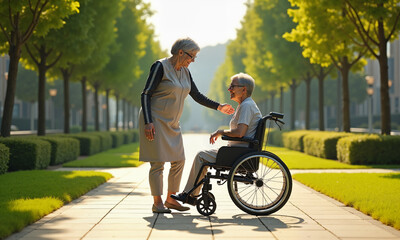Senior Woman Helping Friend Wheelchair Park
