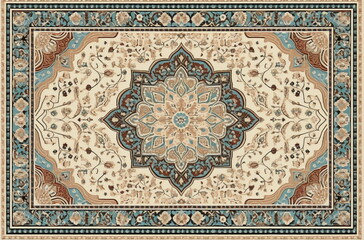 Obraz premium Traditional decorative carpet with intricate oriental designs, rich textures, and a warm color palette. A luxurious and timeless textile background, perfect for interior and cultural themes.